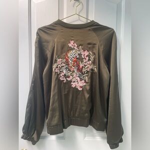 Design Lab Olive Green Bomber Jacket with Tiger & Pink Floral Embroidery Vintage